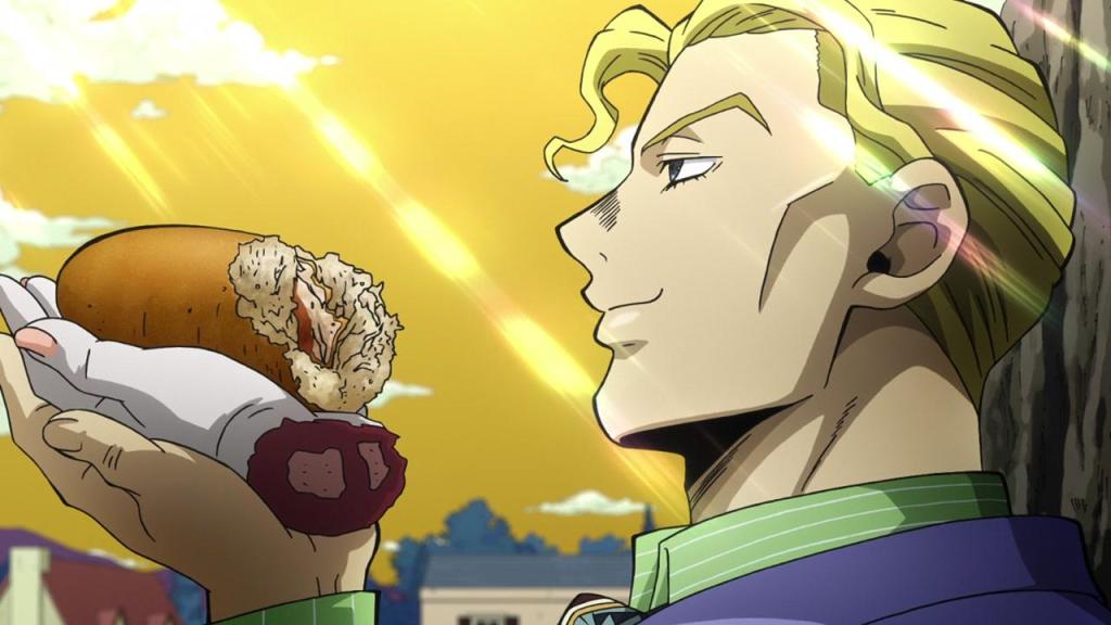 jojo's bizarre adventure yoshikage kira enjoying a hand sandwich