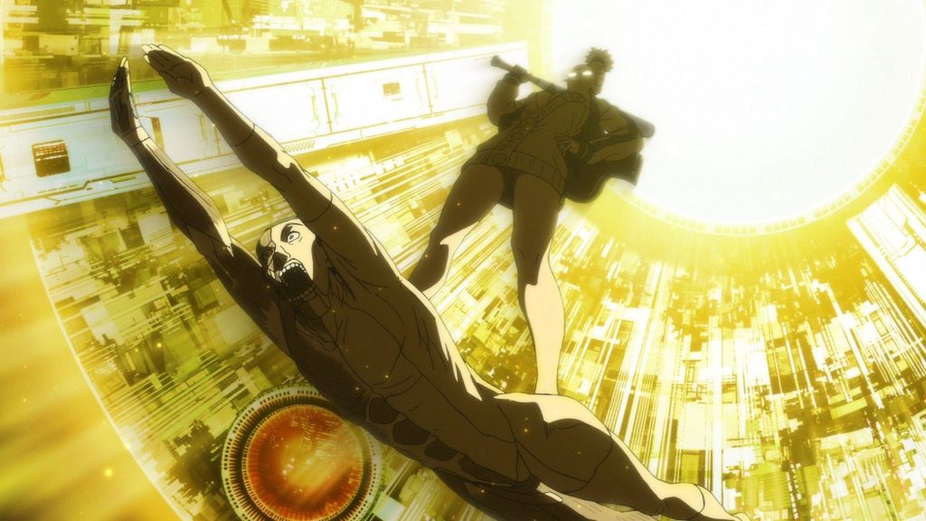 Granny Seiko and Taro desending from the spaceship