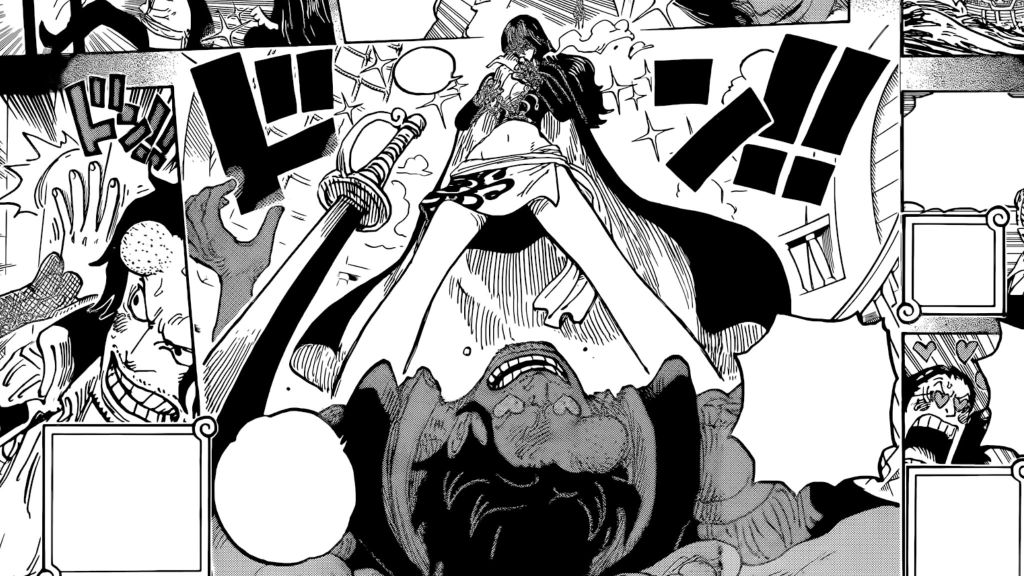 Roger on the ground as Shakky stands above him as seen in chapter 1156 of One Piece
