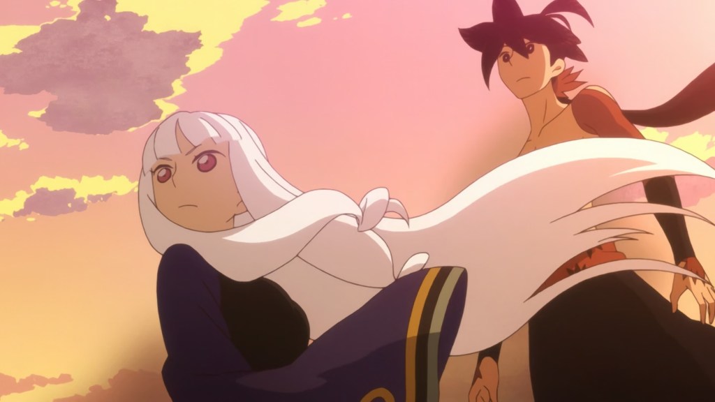 Katanagatari anime Togame and Yasrui in red sunset background