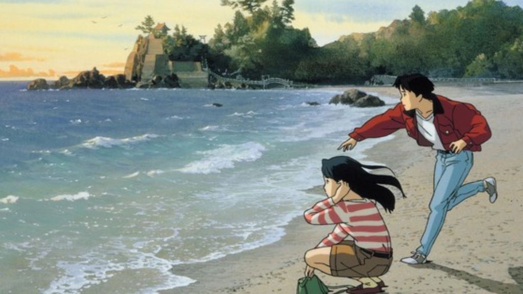 Ocean Waves anime characters throwing stone into the ocean